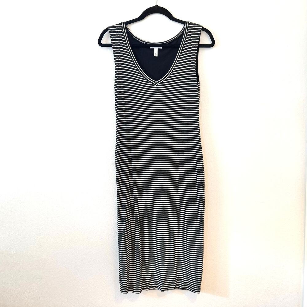 leith striped v-neck jersey bodycon dress sleeveless black white small